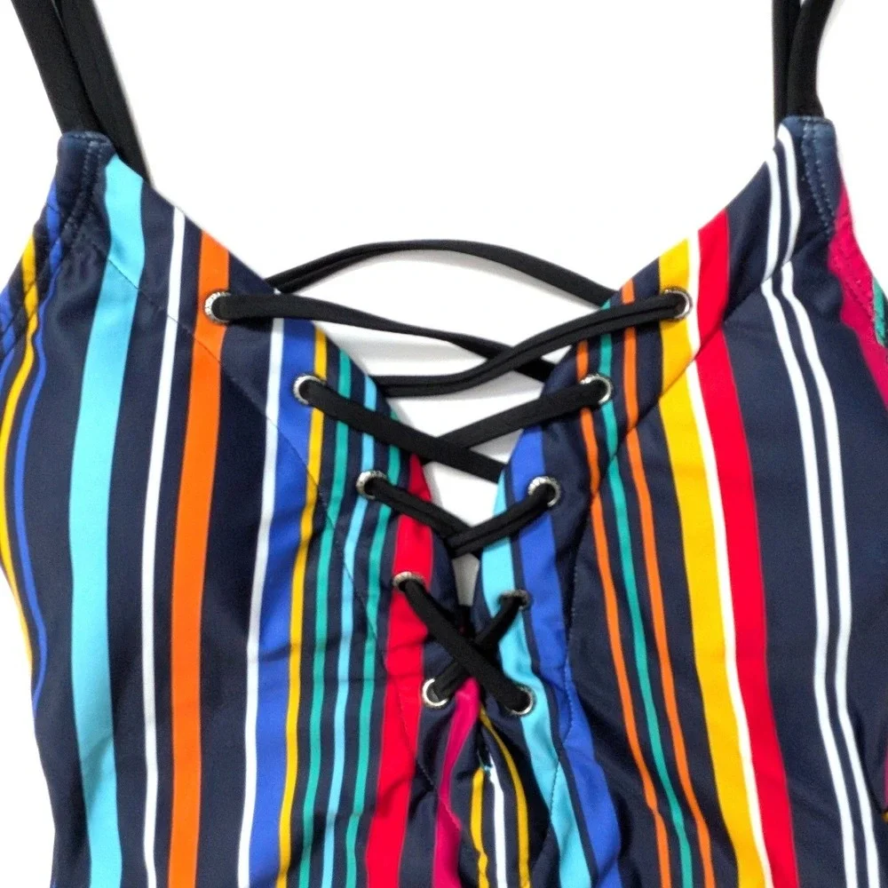 Nautica Womens Slimming Lace Up One Piece Swimsuit Multicolor‎ Stripe Small NWT